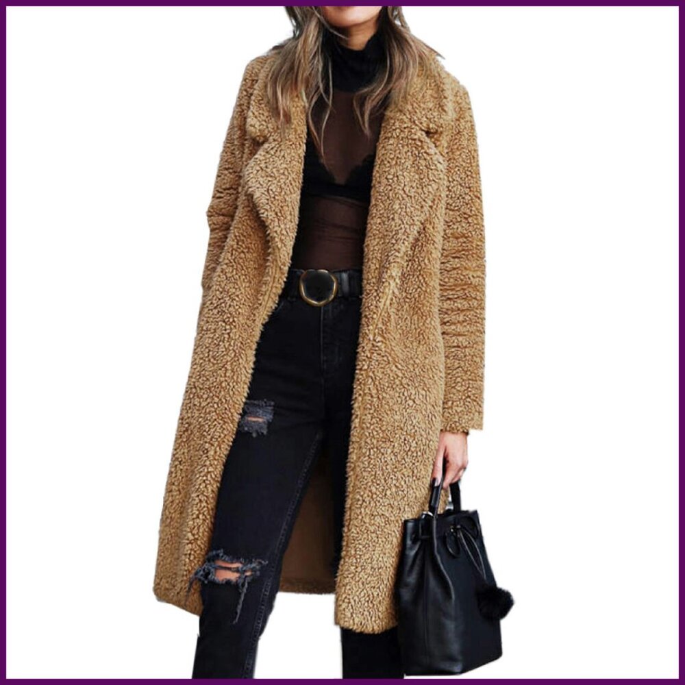 Women's Fuzzy Fleece Lapel Open Front Long Cardigan Coat Faux Fur